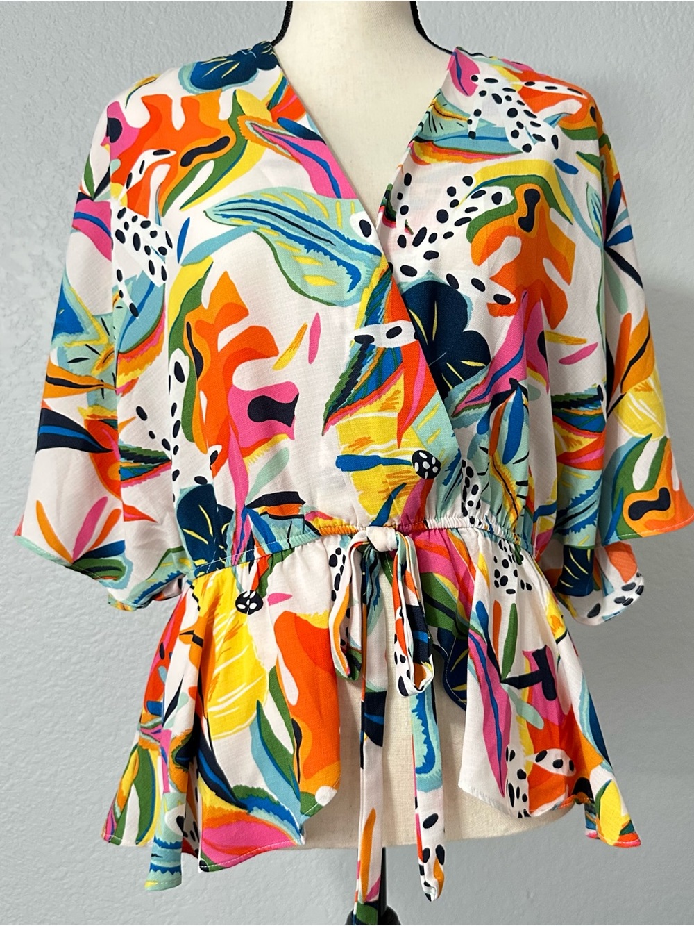 Sweet Rain Dolman Sleeve Top Peplum Floral Tropical Resort Artsy Dopamine Sz L